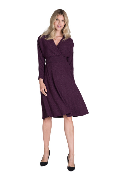 Sukienka Midi - Lejąca Prążkowana Rozkloszowana Dekolt V - fioletowa